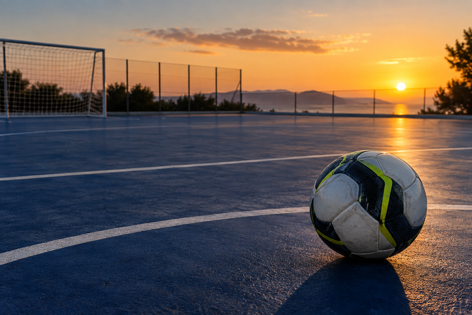 Balón de fútbol sobre una pista azul al atardecer